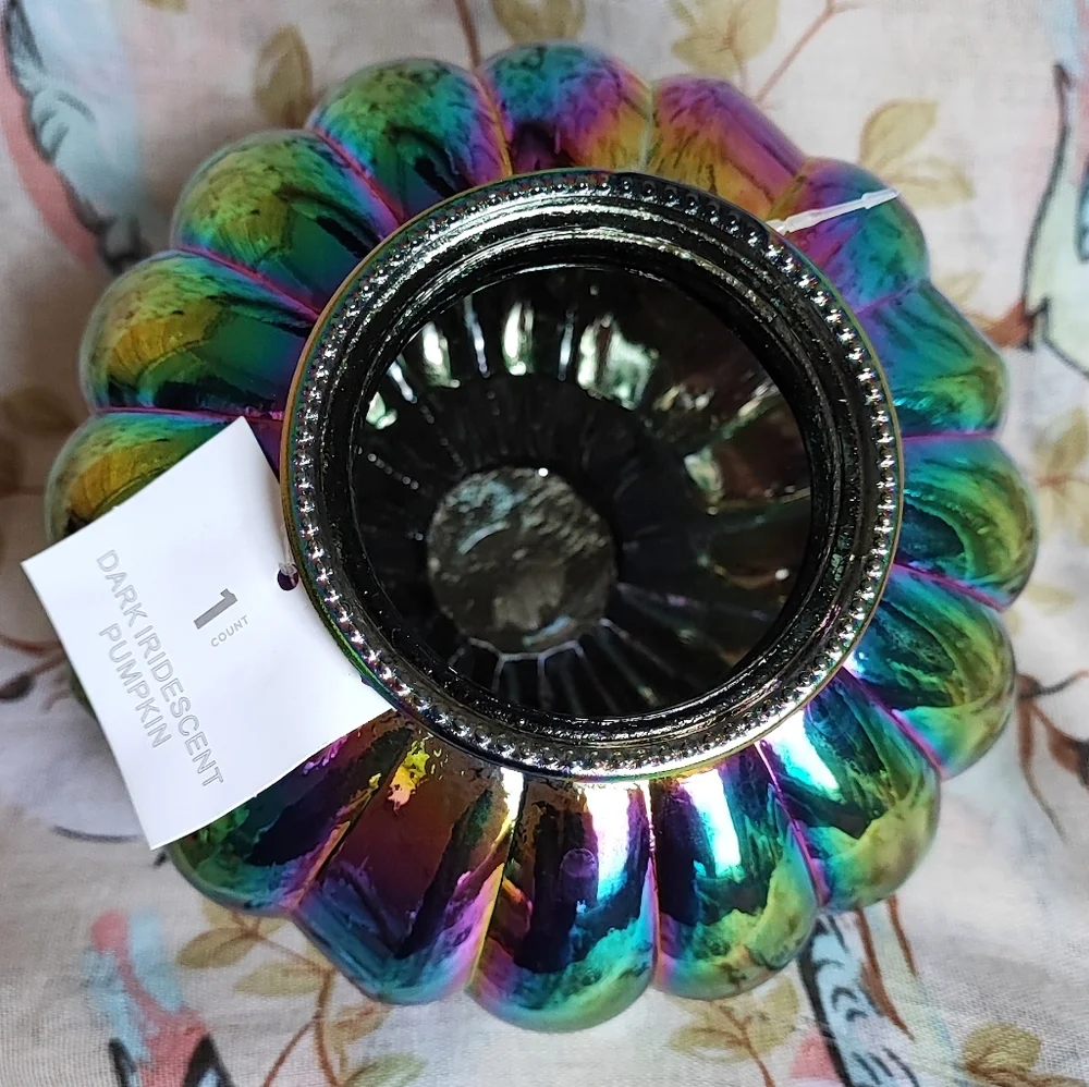 Iridescent Pumpkin Oil Slick Glass Desk Decoration Holiday Fall Halloween NWT